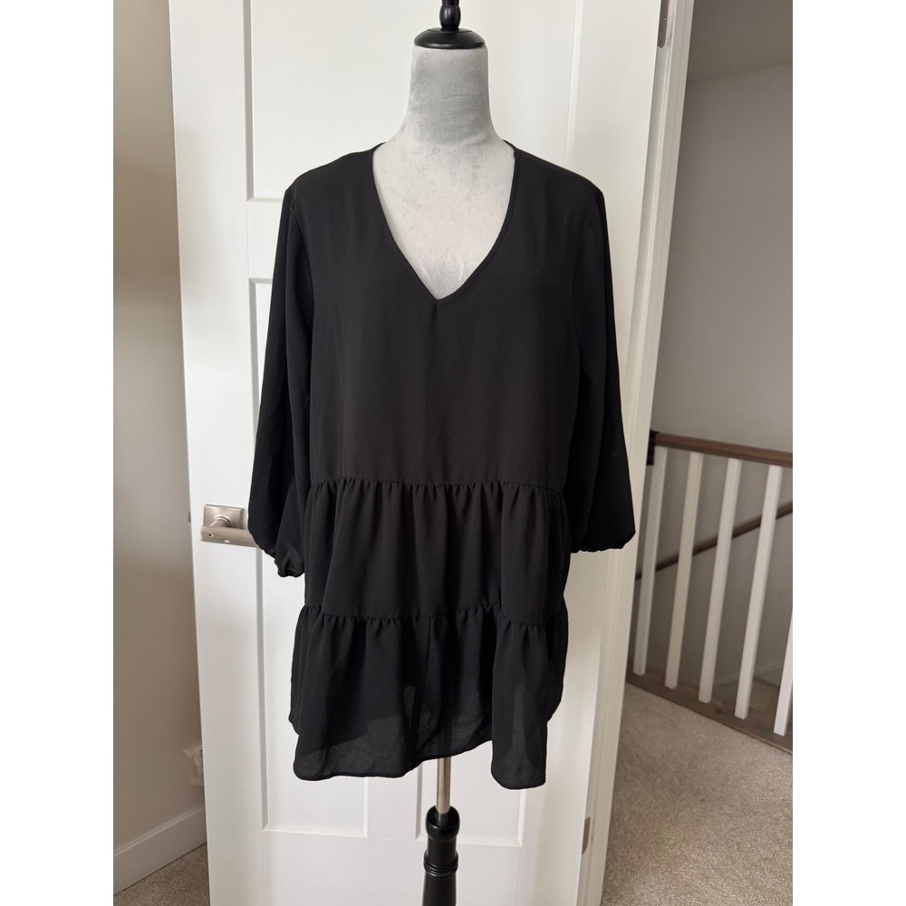 EST. 1946 Black V-Neck Tiered Babydoll Tunic Top 3/4 Sleeve Plus Size 18/20W